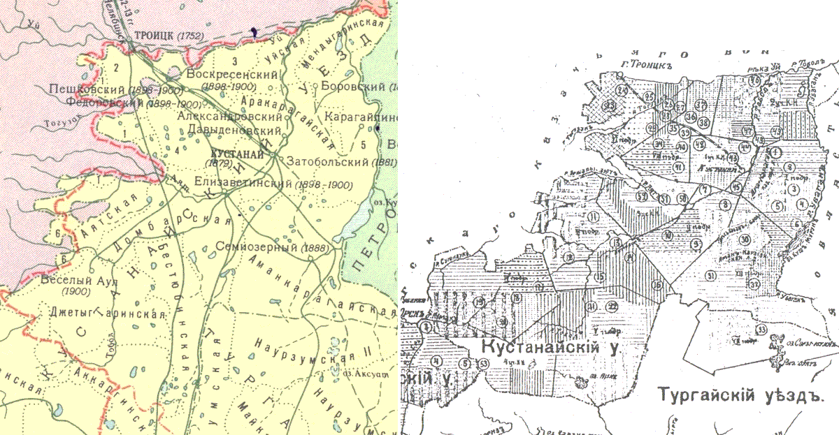 Территория Кустанайского уезда. 1913 г. (слева), 1914 г. (справа)