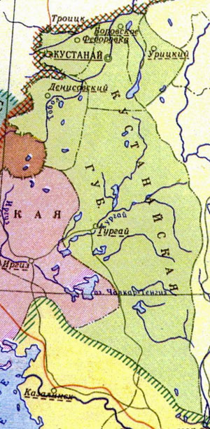 Кустанайская губерния на карте КАССР